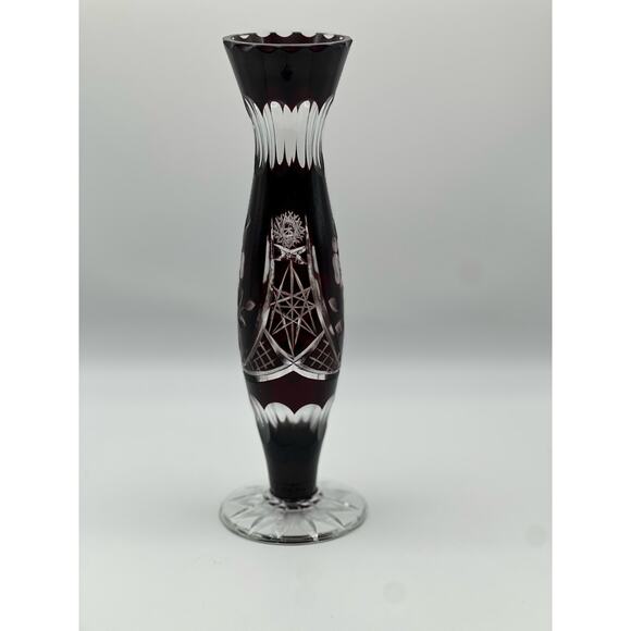 Vintage Ruby Cut Glass Bud Vase Floral Etched Crystal 8” Tall - Picture 10 of 10